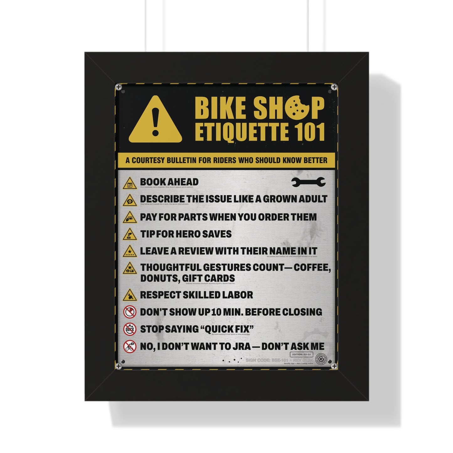 EU Safety Sign Edition (Q1) — Bike Shop Etiquette 101 — Framed