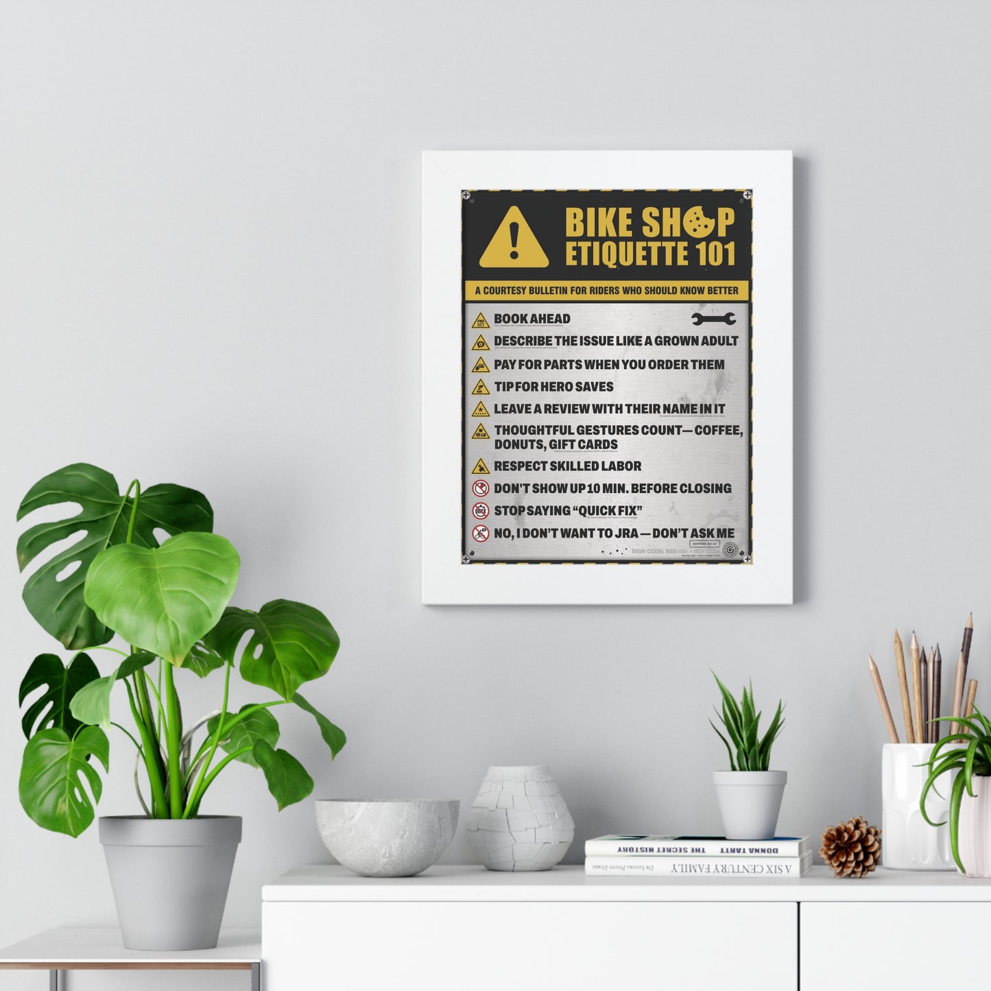EU Safety Sign Edition (Q1) — Bike Shop Etiquette 101 — Framed
